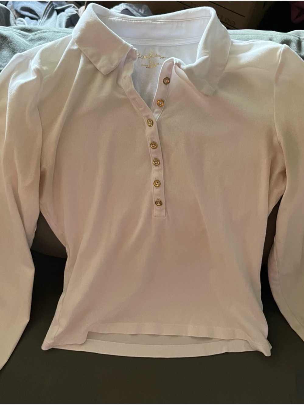 Lily Pulitzer White Long Sleeve Polo Top with Gold Buttons